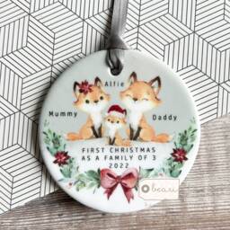 Personalised Family Christmas Woodland Fox Greenery Design Acrylic Or Ceramic Round Ornament Keepsake Tree Decoration Gift - thumbnail 3