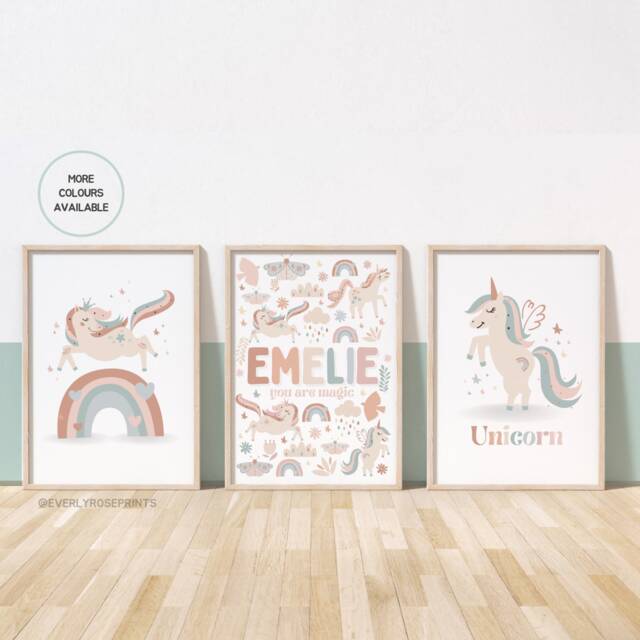 Set Of 3, Unicorn Prints, Personalised, Various Colours, A5 A4 A3 A2 A1, Girls, Nursery Decor, Wall Art, Boho, Theme - image 1