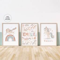 Set Of 3, Unicorn Prints, Personalised, Various Colours, A5 A4 A3 A2 A1, Girls, Nursery Decor, Wall Art, Boho, Theme - thumbnail 1