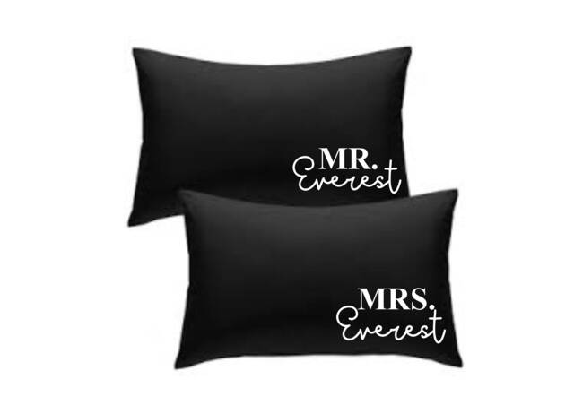 Personalised Couple Mr Mrs/ Mr/ Mrs Your Surname Pillowcase Pair - Wedding Engagement Married Anniversary Black