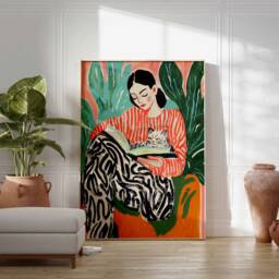 Book Art, Cat Poster, Reading Retro Woman Print, Library Vintage Lovers Gift, Boho Wall Art - thumbnail 3