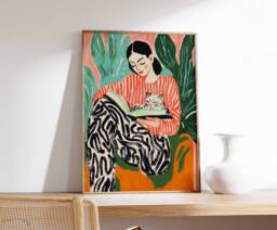Book Art, Cat Poster, Reading Retro Woman Print, Library Vintage Lovers Gift, Boho Wall Art - thumbnail 1