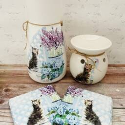Kitten & Lavender Gift Set, Cat Vase, Wax Burner, Coasters, Gifts, Kittens, Lovers - thumbnail 2