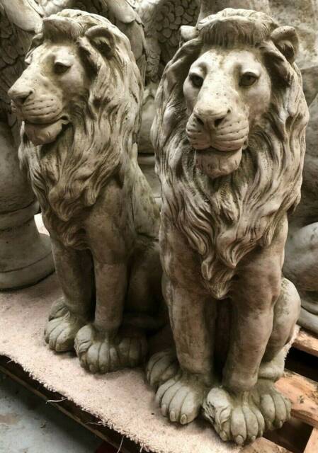 Pair Regal Lion Statues - Reconstituted Stone Animal Concrete Garden Ornament - image 1