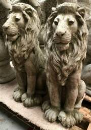 Pair Regal Lion Statues - Reconstituted Stone Animal Concrete Garden Ornament