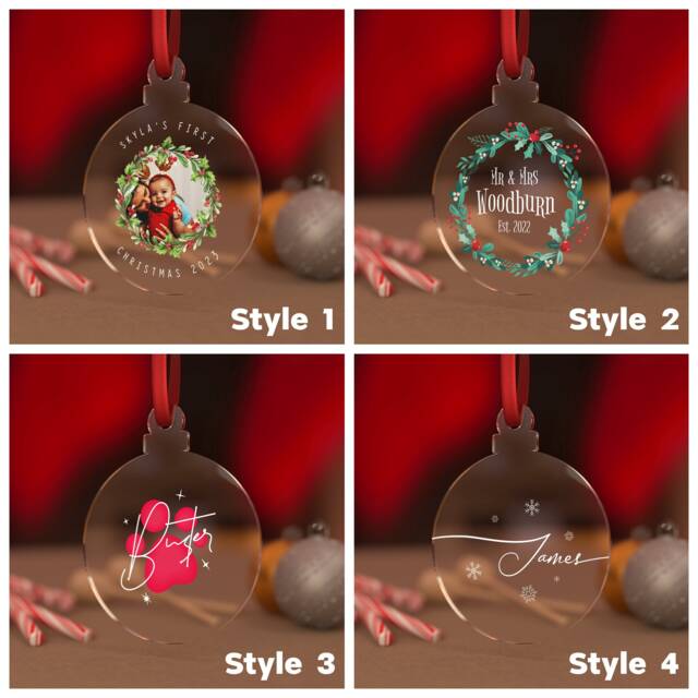 Initial & Name Bauble - Personalised Photo Christmas Tree Clear Acrylic Ornament Decoration - image 1