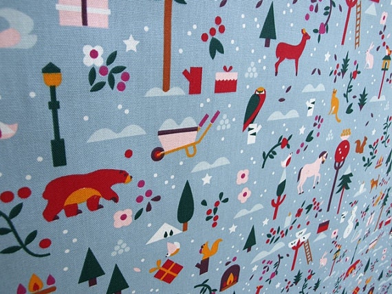 Sky Blue Kids Room Curtain, Winter Animals Print, Cafe Curtain Valance