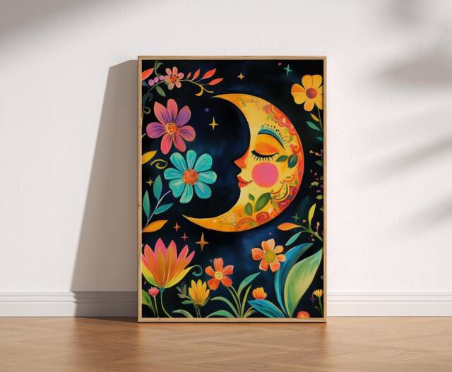 Mexican Moon Art Print Folk Crescent Moon, Sun & Flowers - image 1