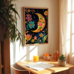 Mexican Moon Art Print Folk Crescent Moon, Sun & Flowers - thumbnail 2