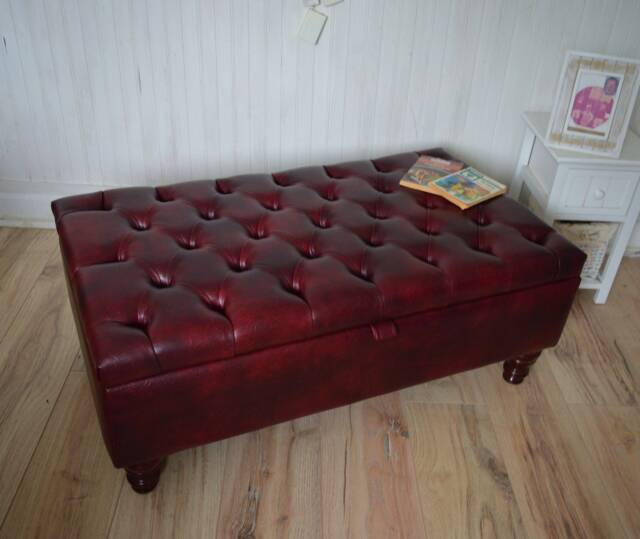 UK Made Chesterfield Deep Buttoned Footstool With Storage in Premium Wine Faux Leather - image 1