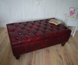 UK Made Chesterfield Deep Buttoned Footstool With Storage in Premium Wine Faux Leather