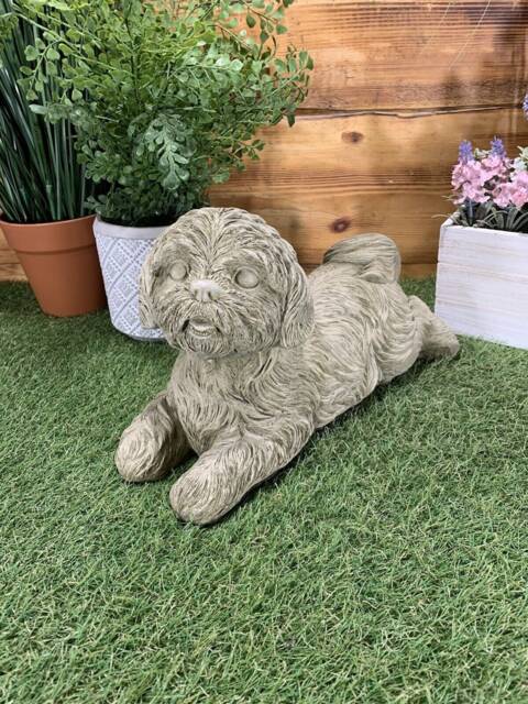 Stone Garden Detailed Happy Laying Shih Tzu Dog Gift Statue Ornament - image 1