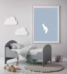 White Fox Poster - Nursery Decor Baby Room Scandinavian Print Blue Boy Kids - thumbnail 1