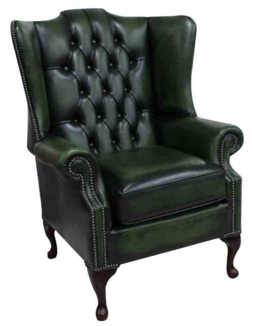 Extra Tall Handmade Chesterfield Leather Wing Chair - Antique Green - image 1