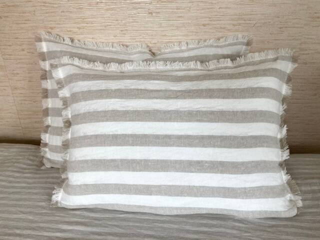 Linen Pillow Covers - Pair Striped Ivory Cushion Cases With Fringe - image 1