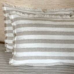 Linen Pillow Covers - Pair Striped Ivory Cushion Cases With Fringe - thumbnail 3