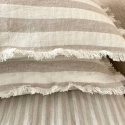 Linen Pillow Covers - Pair Striped Ivory Cushion Cases With Fringe - thumbnail 4