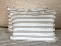 Linen Pillow Covers - Pair Striped Ivory Cushion Cases With Fringe - thumbnail 1