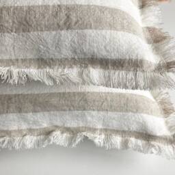 Linen Pillow Covers - Pair Striped Ivory Cushion Cases With Fringe - thumbnail 2