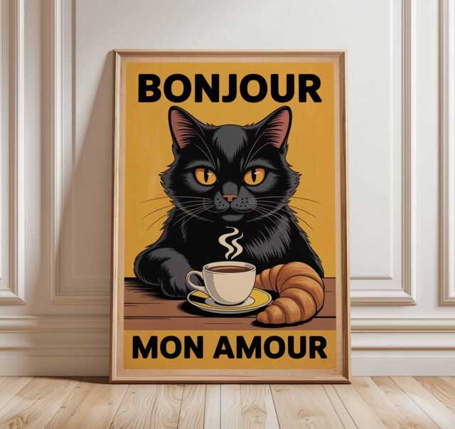Bonjour Mon Amour Black Cat Coffee Croissant Poster, Retro Graphic Art, French Kitchen Wall Decor Lover Gift - image 1