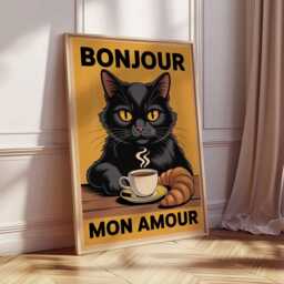 Bonjour Mon Amour Black Cat Coffee Croissant Poster, Retro Graphic Art, French Kitchen Wall Decor Lover Gift - thumbnail 2