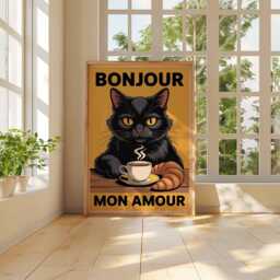 Bonjour Mon Amour Black Cat Coffee Croissant Poster, Retro Graphic Art, French Kitchen Wall Decor Lover Gift - thumbnail 3