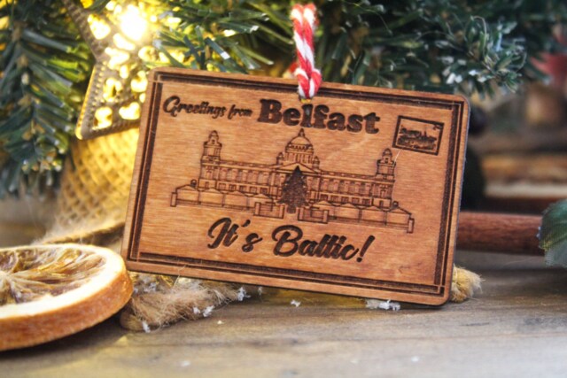 Belfast Postcard Wooden Christmas Ornament Its Baltic Bauble Gift Winter Cute Rustic Precious Norn Ireland Slang Present Laser Wood Burned - image 1