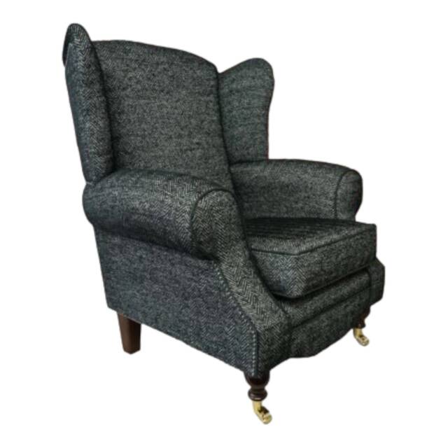 Black Herringbone Wingback Fireside Chair Queen Anne Style - image 1