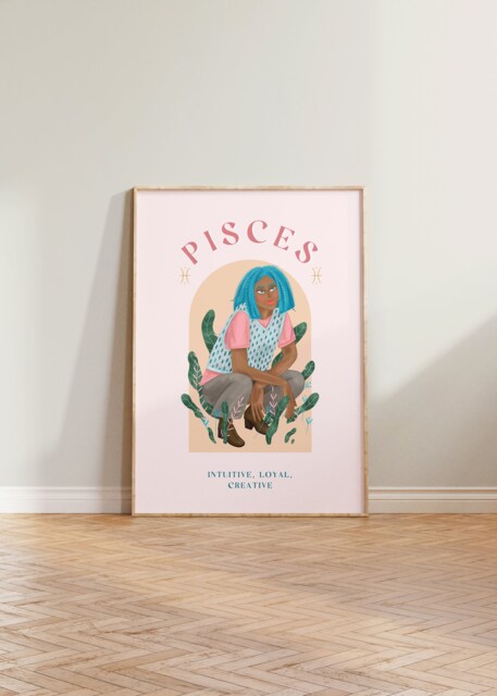 Pisces Print, Poster, Zodiac Gift, Astrology Star Sign Wall Art, Gift For Her, Pink - image 1