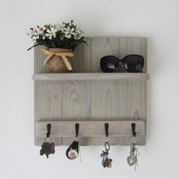 Rustic Reclaimed Wood Chalk Grey/French 4 Hook Key Holder With Shelf - thumbnail 2