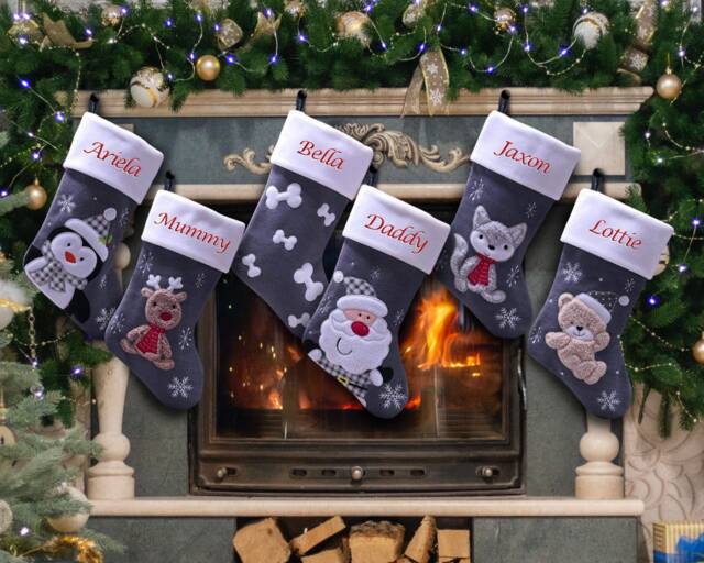 Personalised Christmas Stockings Luxury Dark Silver Embroidered Kids & Family - image 1