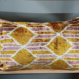 Yellow Brown Orange Ikat Velvet Pillow Cover Lumbar Cushion, Throw - thumbnail 2