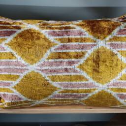 Yellow Brown Orange Ikat Velvet Pillow Cover Lumbar Cushion, Throw - thumbnail 3