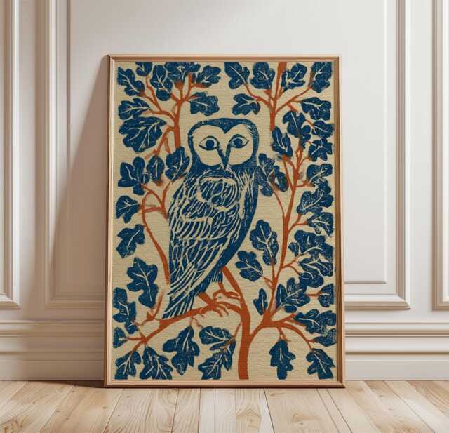 Owl Folk Poster, Woodland Bird Print, Oak Leaf Wall Art, Paper - image 1