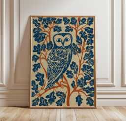 Owl Folk Poster, Woodland Bird Print, Oak Leaf Wall Art, Paper