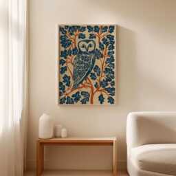 Owl Folk Poster, Woodland Bird Print, Oak Leaf Wall Art, Paper - thumbnail 3