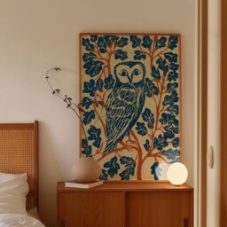 Owl Folk Poster, Woodland Bird Print, Oak Leaf Wall Art, Paper - thumbnail 2