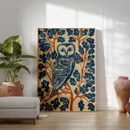 Owl Folk Poster, Woodland Bird Print, Oak Leaf Wall Art, Paper - thumbnail 4