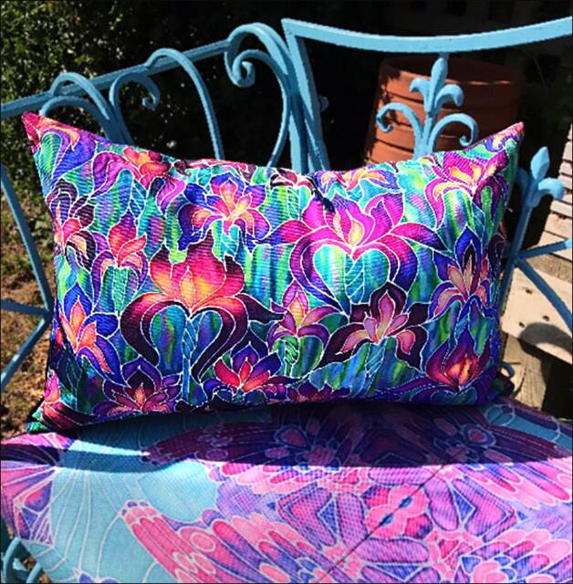 Pink Irises Showerproof Pillow - Pink, Purple Green Exterior Iris Garden Seat Cushion in Summer Colours Decorative - image 1