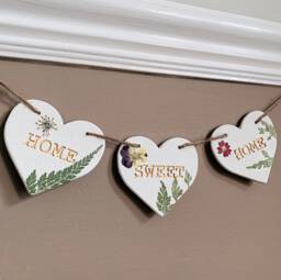 Pressed Flower Floral Heart Bunting, Boho Wall Hanging - Rustic New Home Decor - Botanical Clay Art - thumbnail 1
