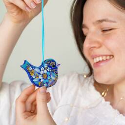 Painted Bird Christmas Ornament - Ukrainian Ornament, Handmade Wooden With Blue Bird, Petrykivka - thumbnail 2