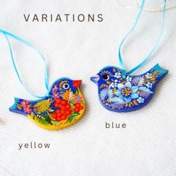 Painted Bird Christmas Ornament - Ukrainian Ornament, Handmade Wooden With Blue Bird, Petrykivka - thumbnail 3