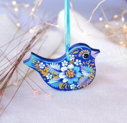 Painted Bird Christmas Ornament - Ukrainian Ornament, Handmade Wooden With Blue Bird, Petrykivka - thumbnail 1