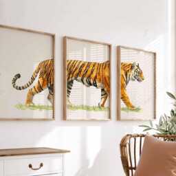 Tiger With Minimalist Background, Set Of 3, Animal Wall Art, Wildlife Decor, Print, Safari Home Living Room - thumbnail 3
