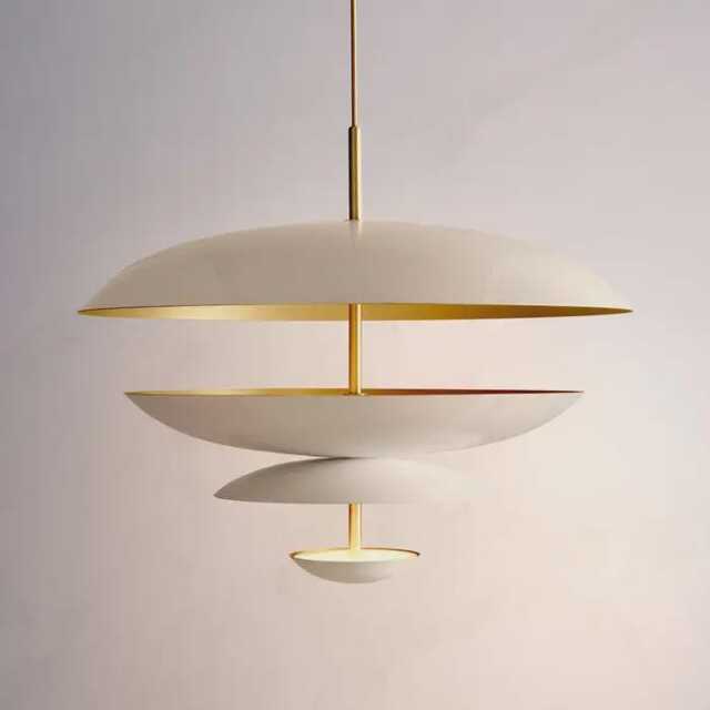 Mid-Century Modern Brass Disc Chandelier - 6-Light Ivory & Gold Pendant - image 1