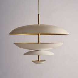 Mid-Century Modern Brass Disc Chandelier - 6-Light Ivory & Gold Pendant - thumbnail 2