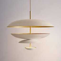 Mid-Century Modern Brass Disc Chandelier - 6-Light Ivory & Gold Pendant - thumbnail 1