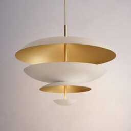 Mid-Century Modern Brass Disc Chandelier - 6-Light Ivory & Gold Pendant - thumbnail 3