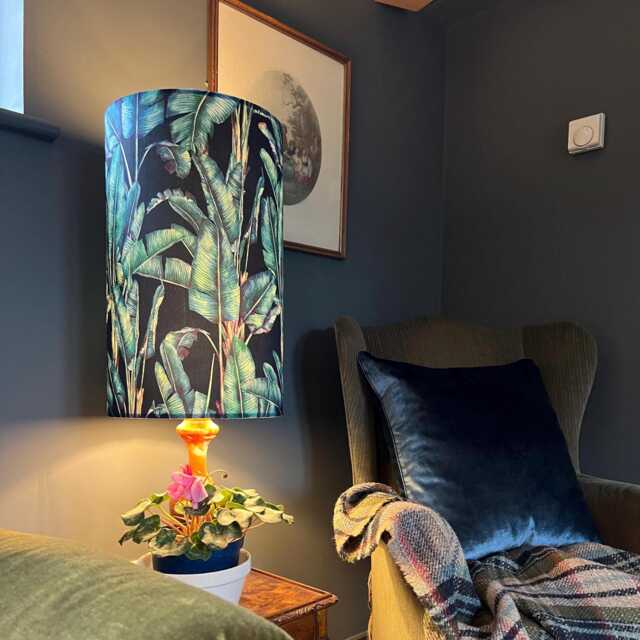 Leaves Velvet Cylinder Lampshade, in Black, Extra Tall Tropical Black Leaves Velvet - image 1