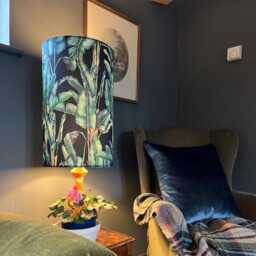 Leaves Velvet Cylinder Lampshade, in Black, Extra Tall Tropical Black Leaves Velvet - thumbnail 1